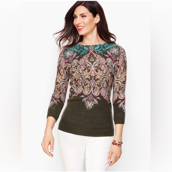 Talbots 100% Pure Cashmere Colorful Paisley Sweater Size Large Petite - Picture 2 of 5